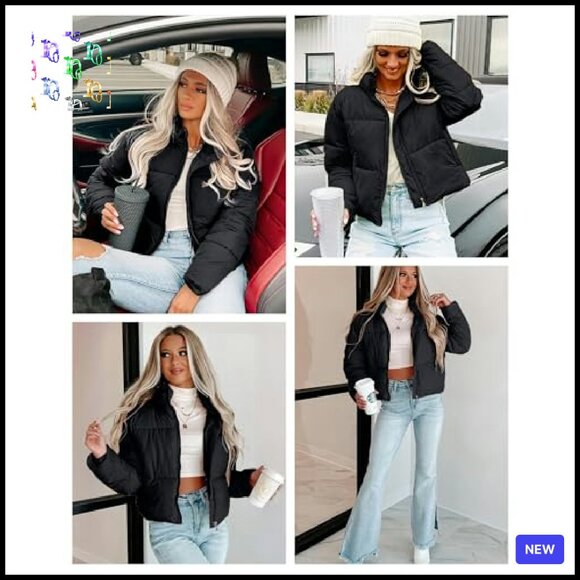 Cropped Quilted Puffer Jacket Winter Outerwear Full Zipper Padded Slim Fit Chic - Picture 6 of 8